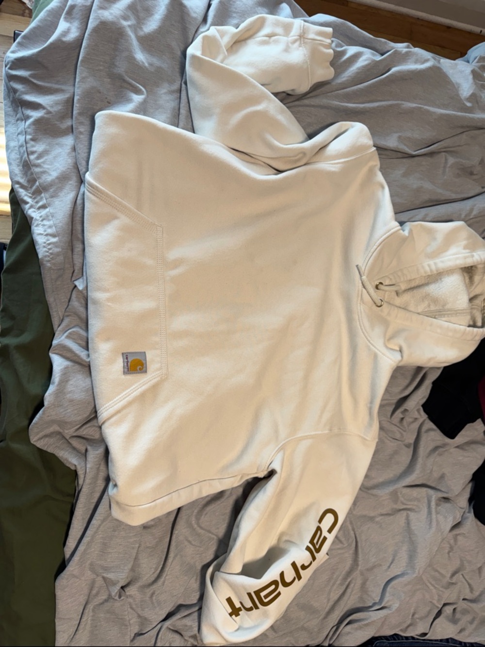 Carhartt Cream Pullover Hoodie with Gold Sleeve Logo